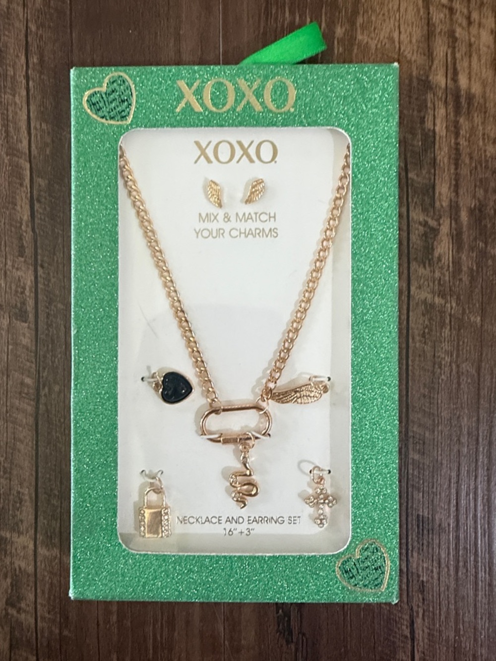 XOXO Gold Charm Necklace and Earring Set New in Box
